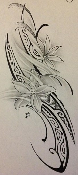 Dessin Floral Impressionnant Stock Modèle Tatouage Femme Polynésien