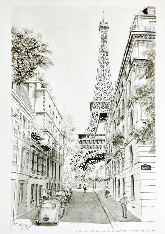 Paris Dessin Luxe Photographie Paris original Drawing tour Eiffel Chinese Ink On Paper