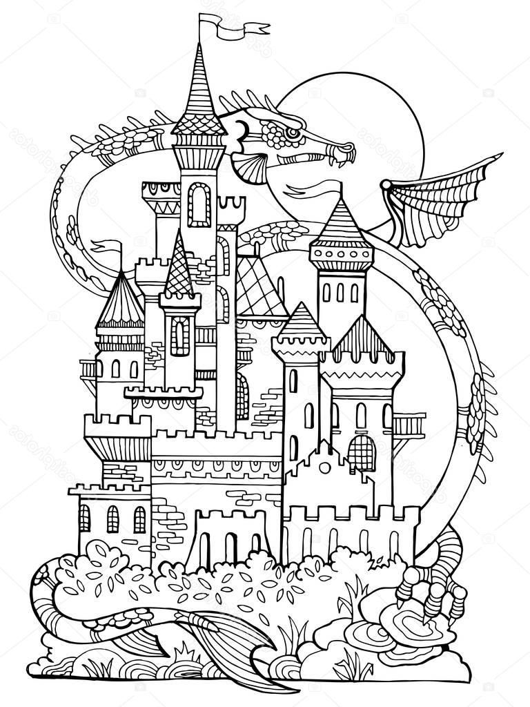 Coloriage Château Élégant Image Château Et Dragon Coloriage Livre