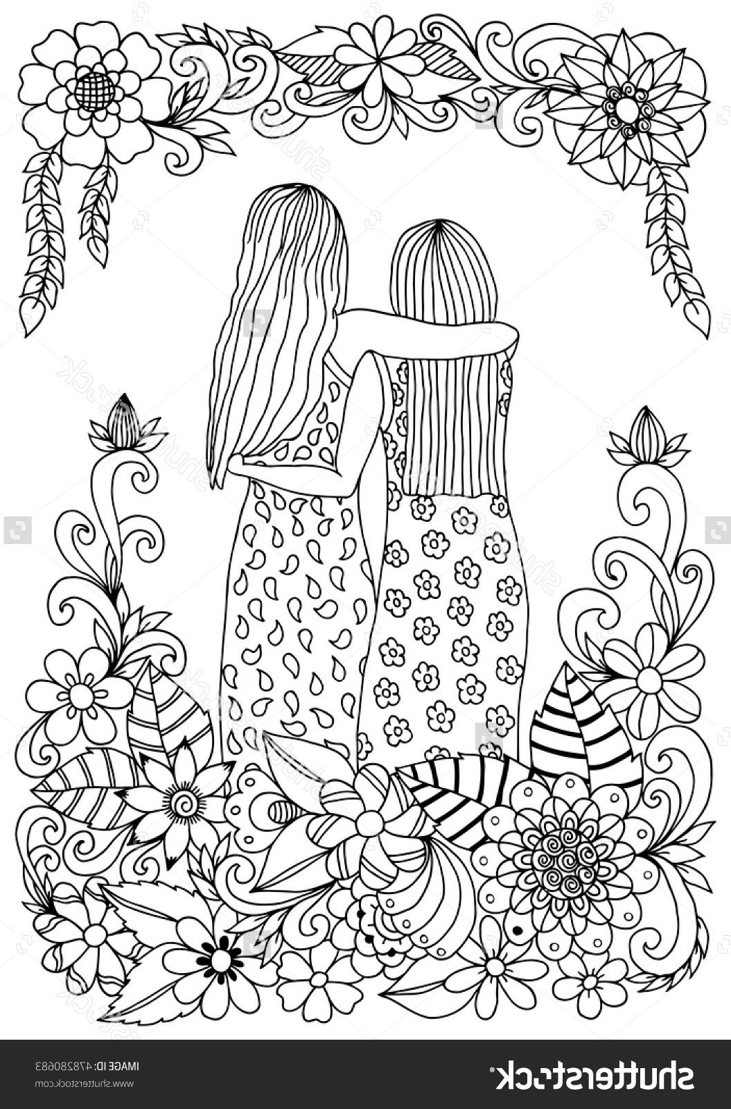 Coloriage Sisters Impressionnant Photos Zentangle Two Sisters Amongst Flowers Hugging Coloring