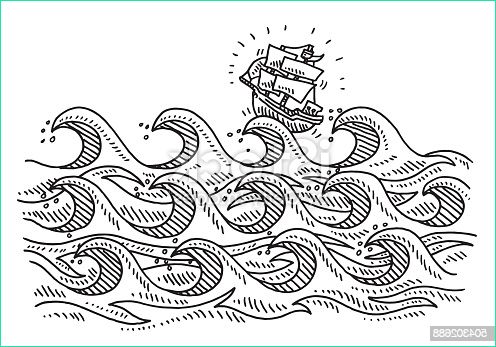 Dessin Océan Beau Photos Rough Sea Waves Cartoon Sailing Ship Drawing Stock Vector