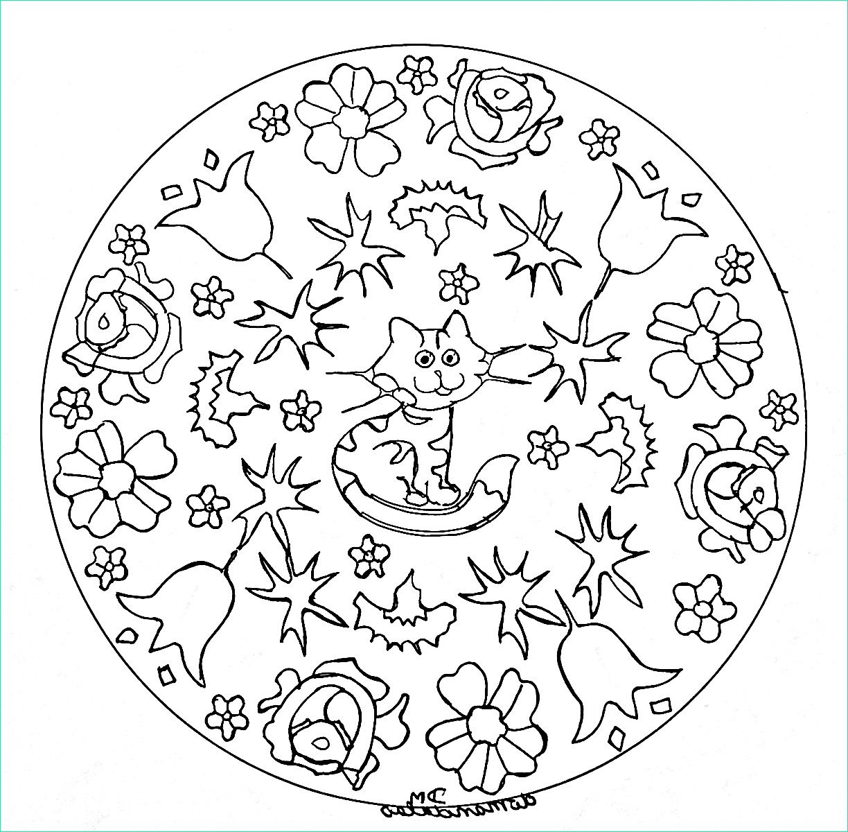Coloriage Mandala Animaux Chat Nouveau Collection Mandala Facile Petit Chat Et Fleurs Coloriage Mandalas