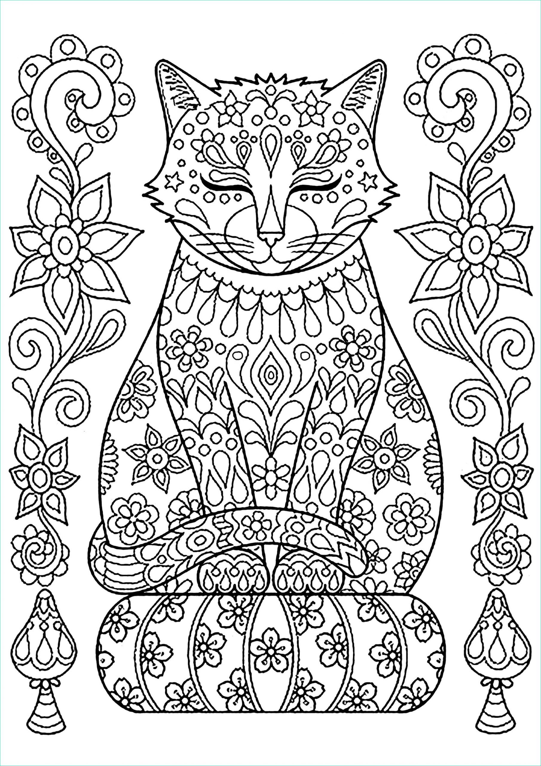 Coloriage De Chat Kawaii Beau Collection Cute Cat On Pillow with Flowers Cats Adult Coloring Pages