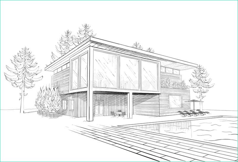 Front Dessin Beau Collection Vector Sketch Modern House with Swimmingpool Stock