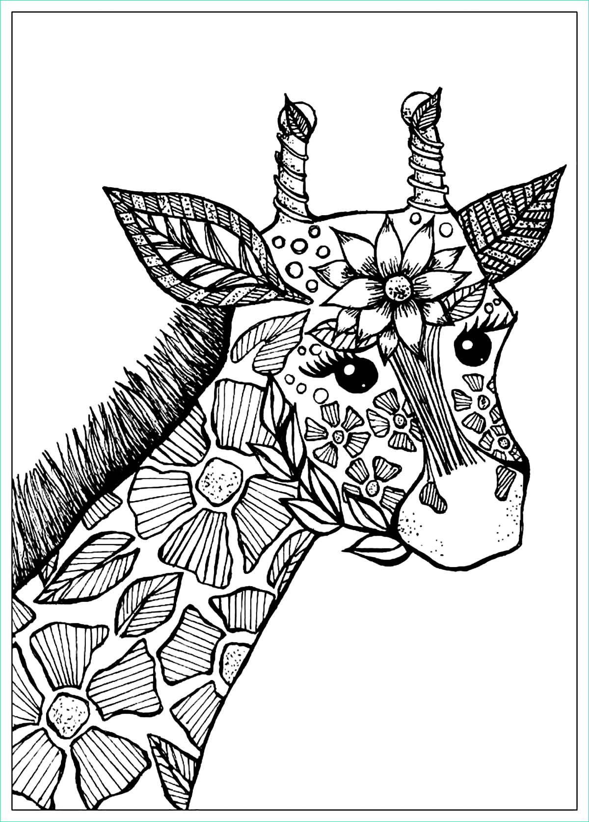 Coloriage Animal Impressionnant Image Giraffe Head with Flowers Giraffes Adult Coloring Pages