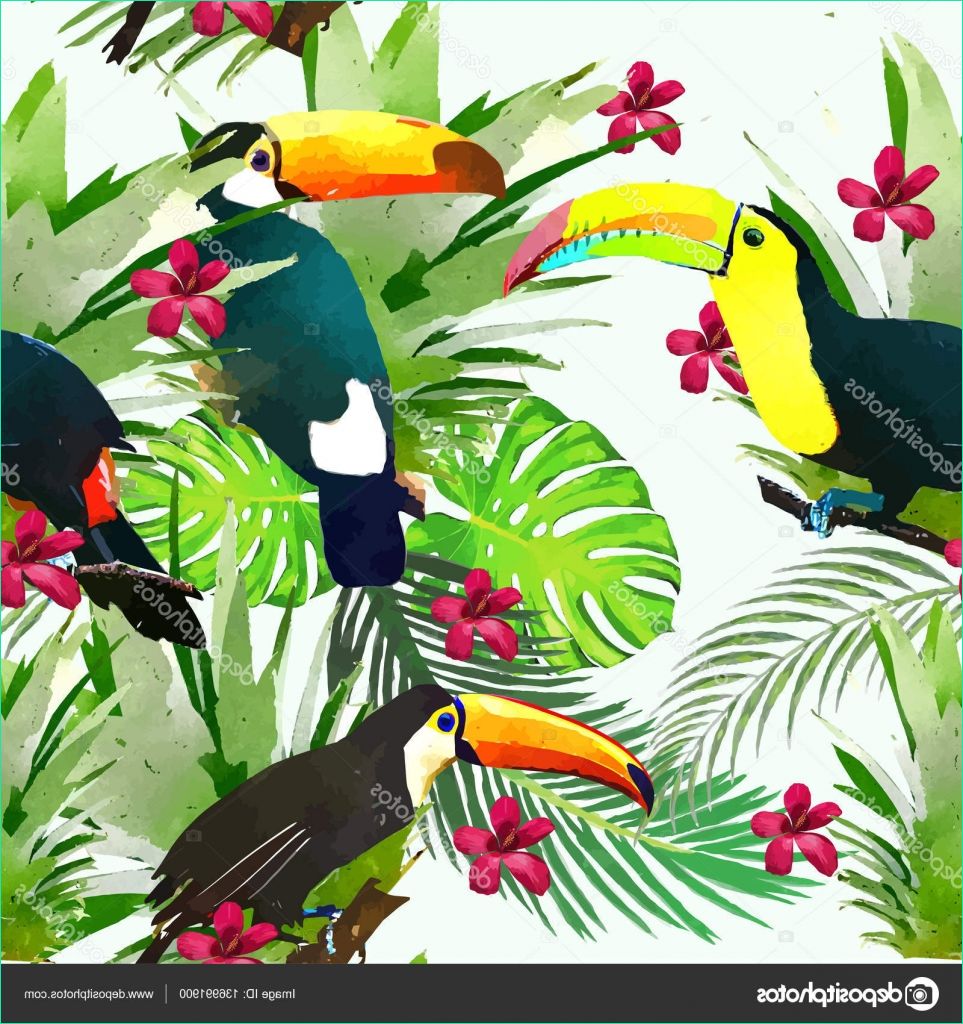 Dessin Exotique Impressionnant Stock Aquarelle Oiseaux Exotiques Sauvages Sur Des Fleurs Motif