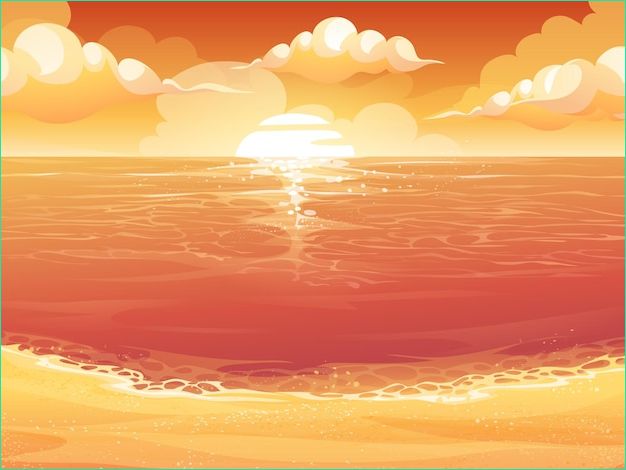 illustration dessin anime soleil cramoisi lever coucher soleil mer
